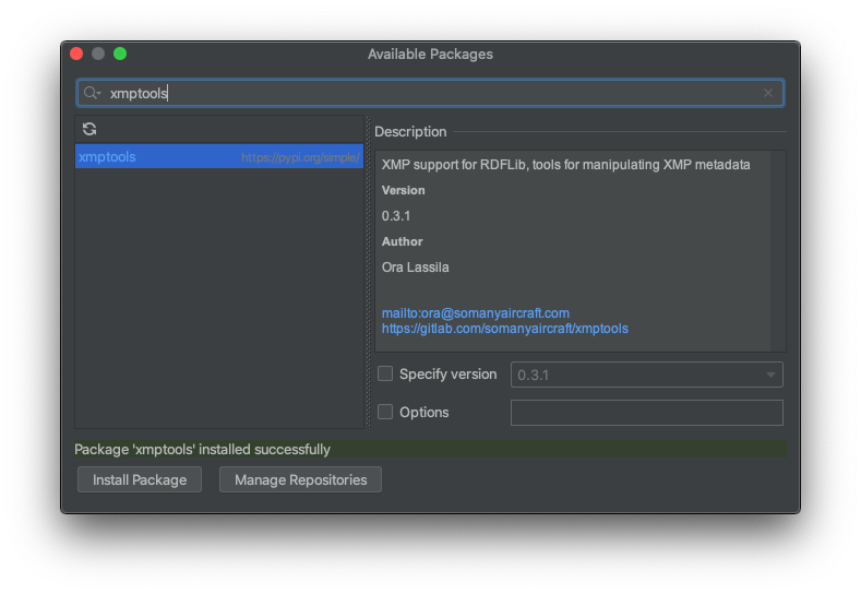 PyCharm package installation diaglog